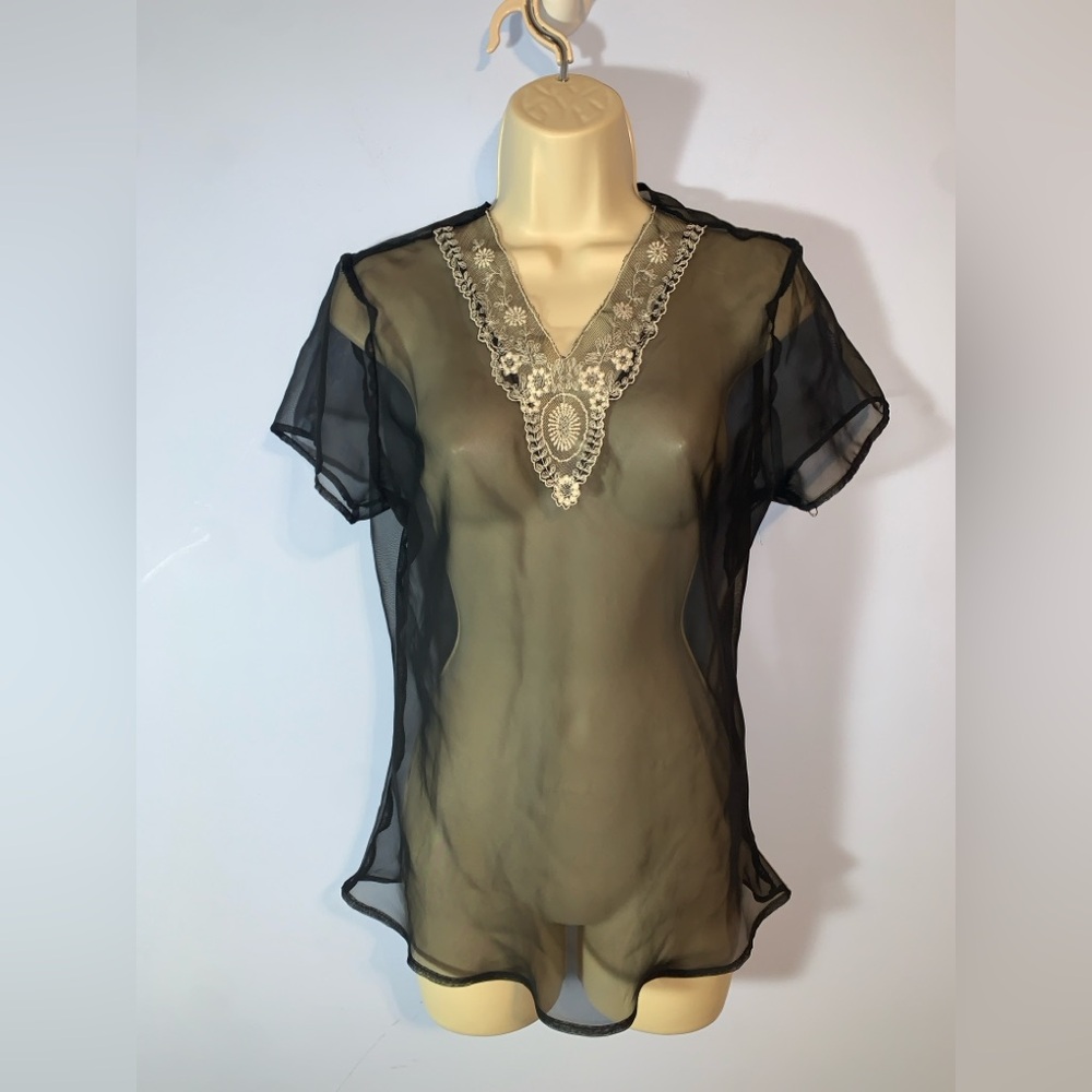 Anxiety vintage Y2K Black Sheer tshirt white lace v neck Women's blouse